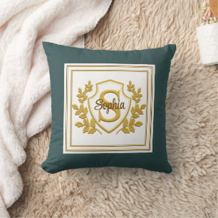 Coussin Élégant monogramme de blason personnalisé sarcelle