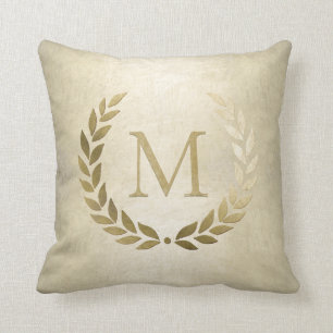 Coussin Élégant monogramme de couronne de laurier d'or ini