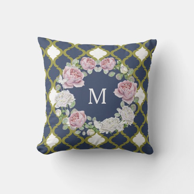 Coussin Élégant monogramme de couronne Rose de Quatrefoil  (Recto)