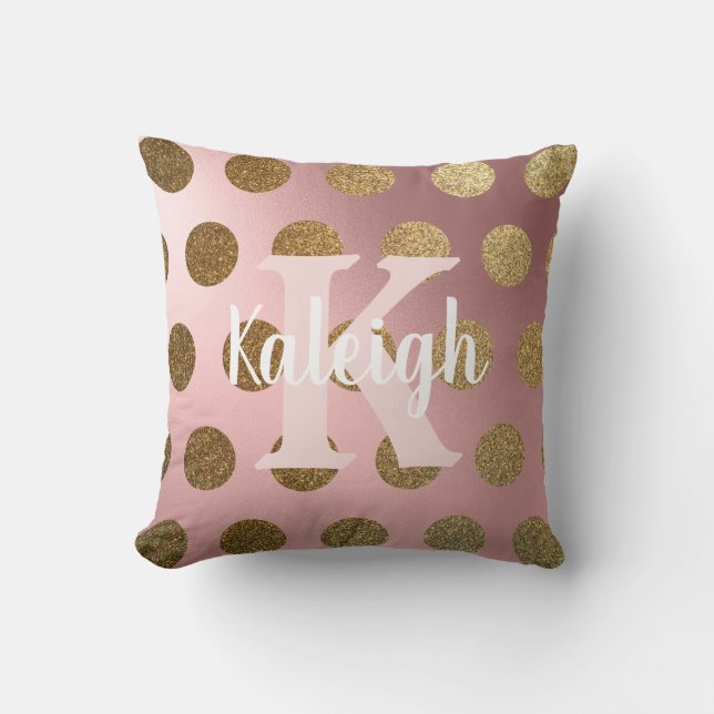 Coussin Élégant Monogramme de nom à pois rose poudré et or (Recto)