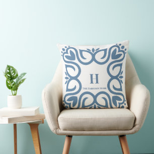 Coussin Élégant monogramme de script bleu poussiéreux