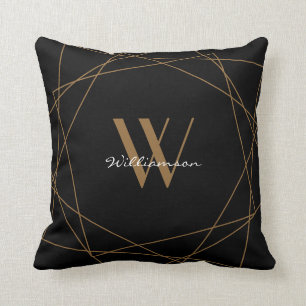 Coussin Élégant Monogramme d'or noir Script de nom géométr