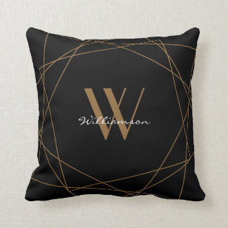 Coussin Élégant Monogramme d'or noir Script de nom géométr