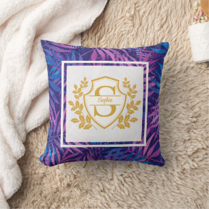 Coussin Élégant Monogramme Doré Couronne Royale Violet Tro