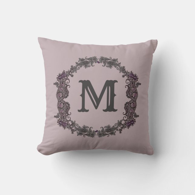Coussin Élégant Monogramme encadré de violet et d'argent (Recto)
