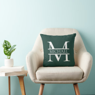 Coussin Élégant Monogramme et nom Emerald Green Personnali