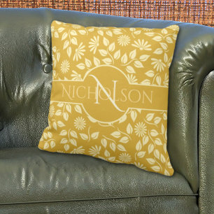 Coussin Élégant Monogramme Feuilles marguerites Nom person