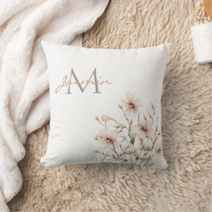 Coussin Élégant Monogramme Fleur sauvage rose doux