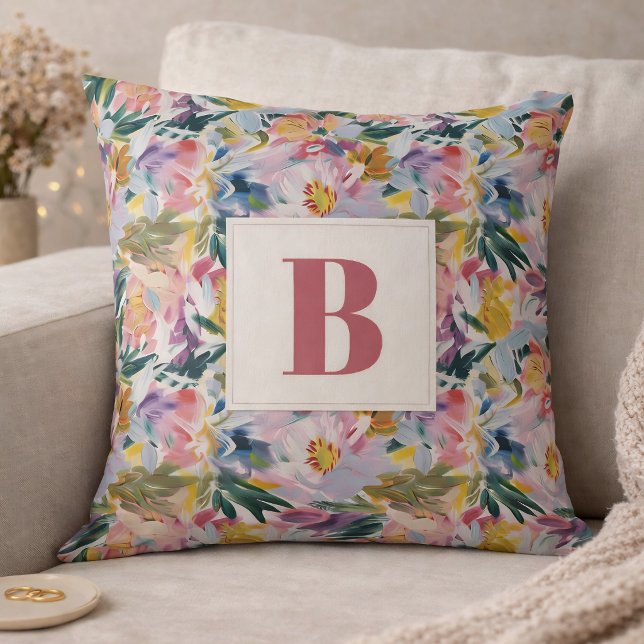 Coussin Élégant Monogramme Floral Abstrait Rose Pâle (Créateur téléchargé)