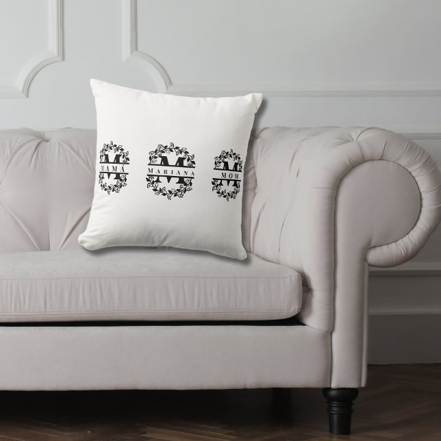 Coussin Élégant monogramme floral avec texte : MOM MAMÁ &  (Mother's day monogram bilingual throw pillow, mama mom & name customizable multilingual project)