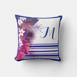 Coussin Élégant Monogramme floral bleu violet tropical