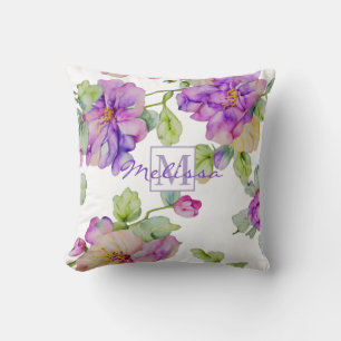 Coussin Élégant monogramme floral rose violet