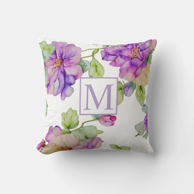 Coussin Élégant monogramme floral rose violet (Recto)