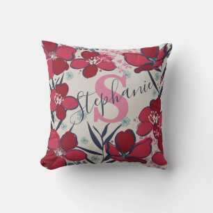 Coussin Élégant Monogramme floral rouge, rose et beige