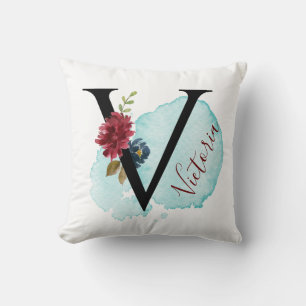 Coussin Élégant Monogramme Floral V Nom personnalisé
