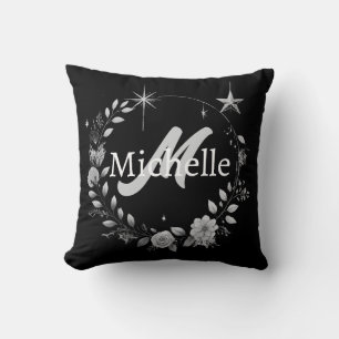Coussin Élégant Monogramme Noir Argent Script Jeter Oreill