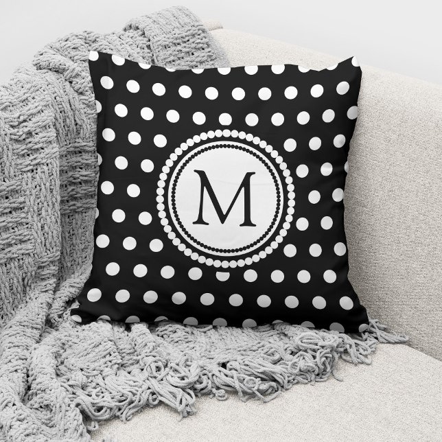 Coussin Élégant Monogramme Noir Blanc Points Polka  (Créateur téléchargé)