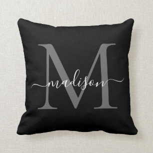 Coussin Élégant Monogramme Noir Blanc Stylisant Script Gir