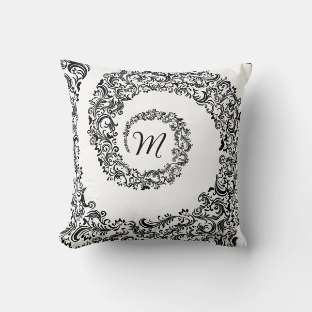 Coussin Élégant monogramme noir damassé (Recto)