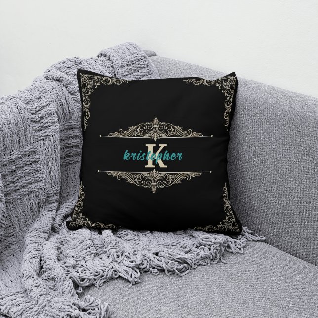 Coussin Élégant Monogramme Noir et Or Nom personnalisé (Créateur téléchargé)