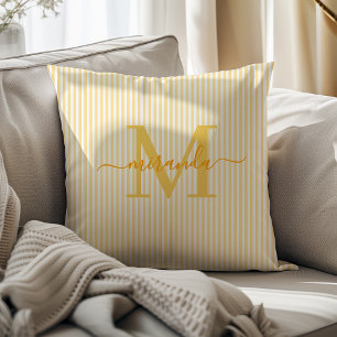 Coussin Élégant Monogramme Nom & Rayures Jaunes et Blanche