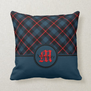 Coussin Élégant Monogramme Plaid Bleu