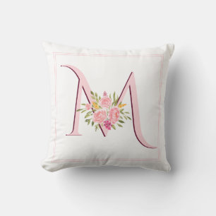 Coussin Élégant monogramme rose vif et fleurs roses