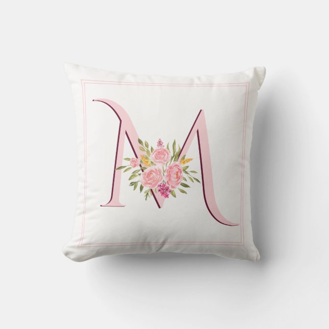 Coussin Élégant monogramme rose vif et fleurs roses (Recto)