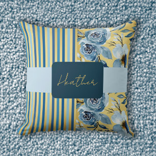 Coussin Élégant Monogramme Vintage Fleur Bleu Or Rayure