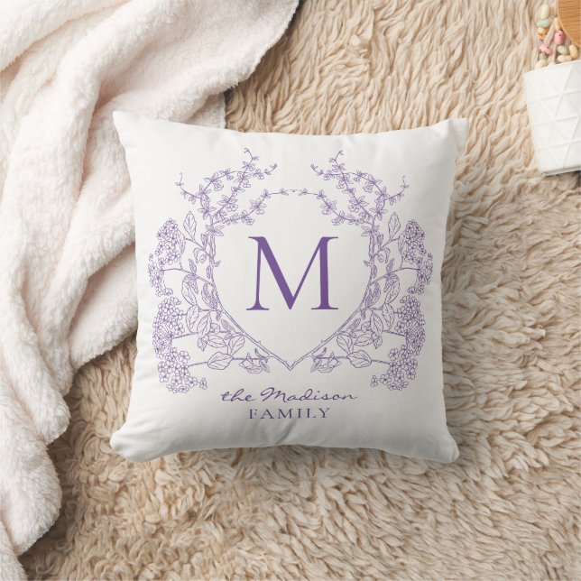 Coussin Élégant Monogramme Vintage Violet Floral Crest (Couverture)