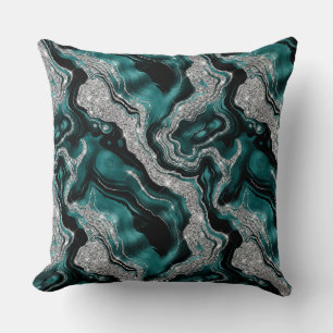 Coussin Élégant motif agate sarcelle et paillettes argenté