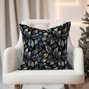 Coussin Élégant motif botanique à feuilles noires et dorée