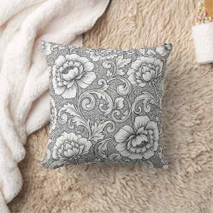Coussin Élégant motif d'art en ligne florale noir et blanc