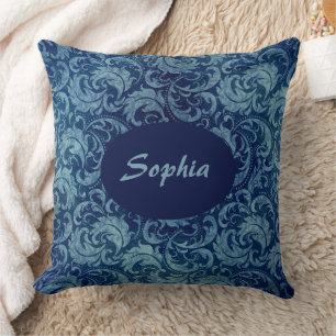 Coussin Elégant motif de Damas Vintage bleu