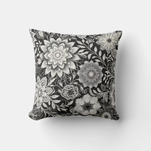 Coussin Élégant Motif de dentelle florale noir et blanc