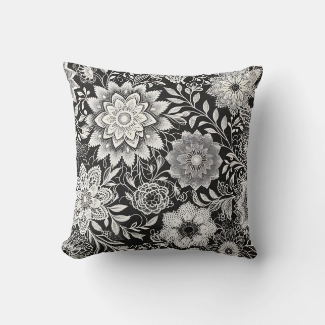 Coussin Élégant Motif de dentelle florale noir et blanc (Recto)
