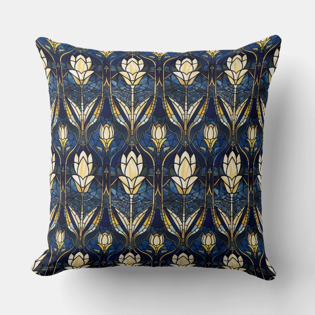 Coussin Élégant motif de faux vitrail en lotus doré (Recto)
