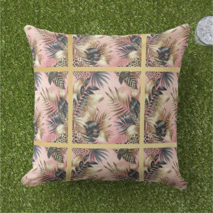 Coussin Élégant motif de feuille de jungle en or, rose et