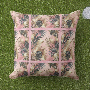 Coussin Élégant motif de feuille de jungle en or, rose et