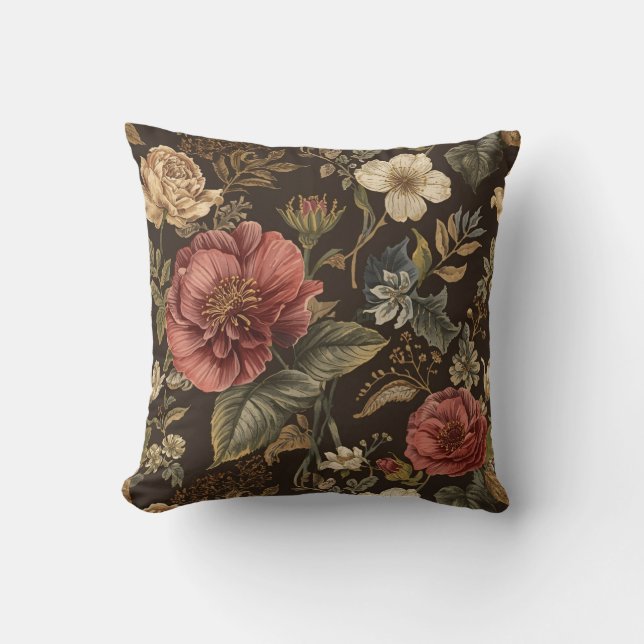 Coussin Élégant, motif de fleurs marron beige (Recto)