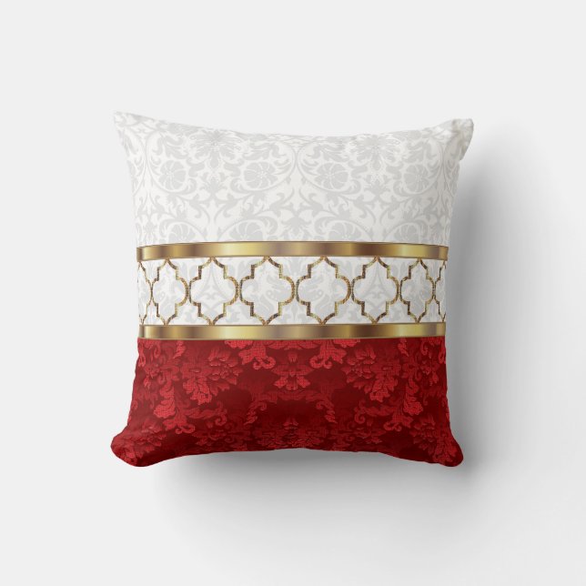 Coussin Élégant Motif de Quatrefoil rouge, blanc et or (Recto)