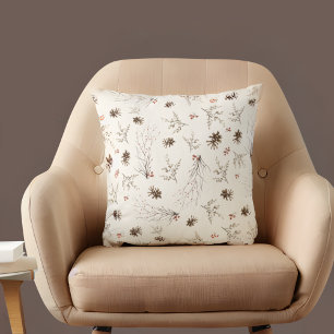 Coussin Élégant motif de winterberry de forêt au lavis