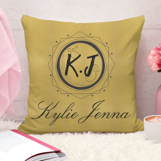 Coussin élégant motif doré monogrammé noir (Créateur téléchargé)
