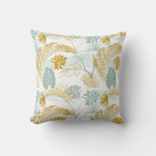 Coussin Elégant Motif Feuille jaune et bleu (Recto)