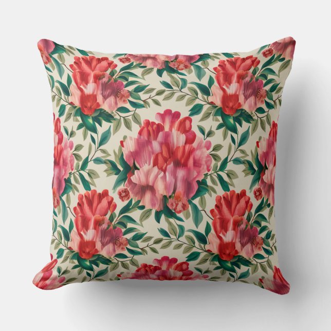 Coussin Élégant motif floral avec fleurs rouges et roses (Recto)