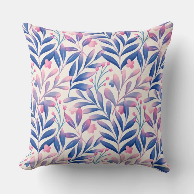 Coussin Élégant Motif floral bleu feuille rose (Recto)
