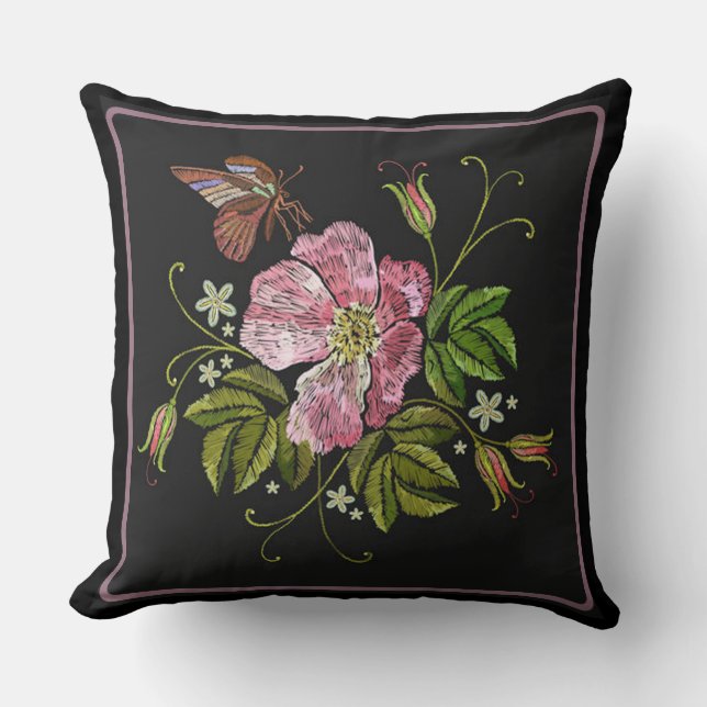 Coussin Élégant Motif floral broderie Arrière - plan noir (Recto)
