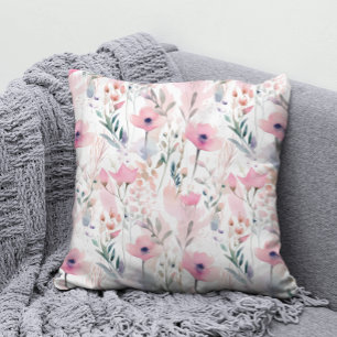 Coussin Élégant motif floral de fleurs sauvages roses à l'
