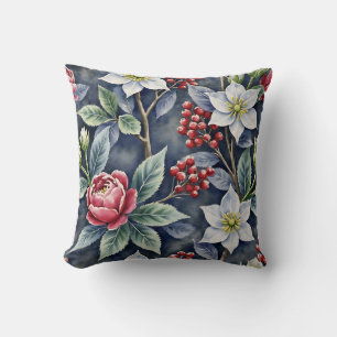 Coussin Élégant motif floral hivernal à l'aquarelle Charbo