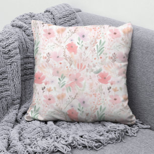 Coussin Élégant motif floral pastel rose aquarelle
